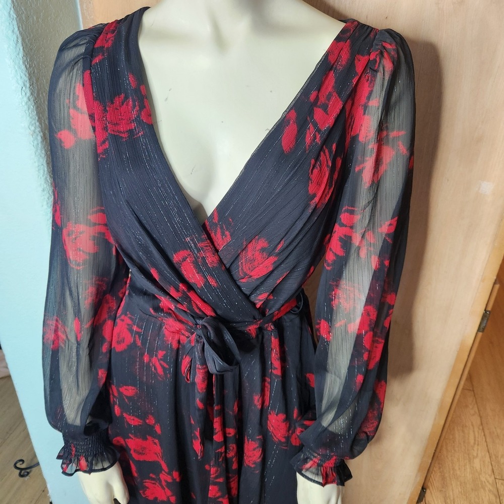 DKNY Black Red Floral Chiffon Wrap Dress V Neck Puff Sleeve Sz 6 Dark Romantic - Picture 10 of 11